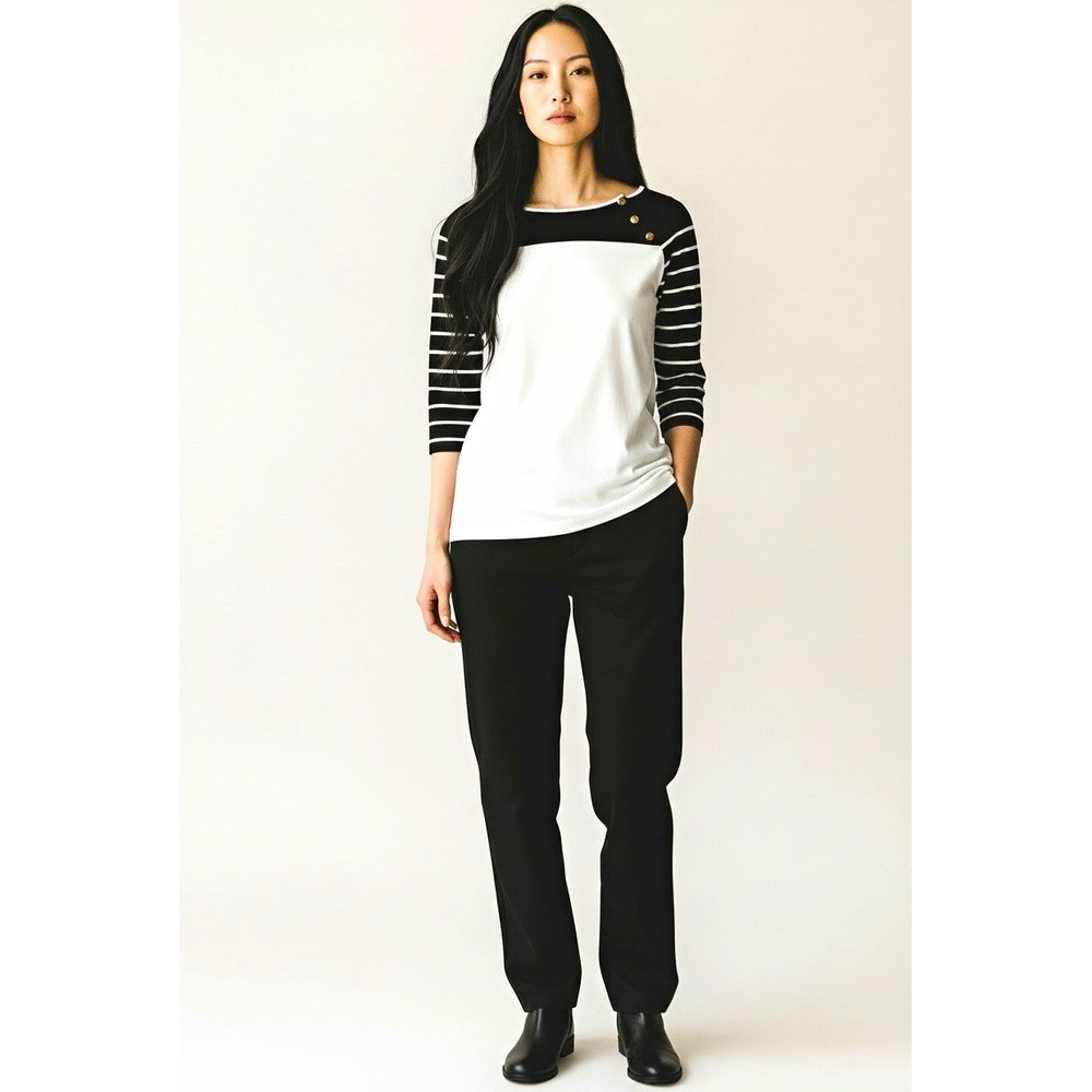 Lauren Ralph Lauren Womens Black White Striped Knit Boat Neck 3/4 Sleeve Top M